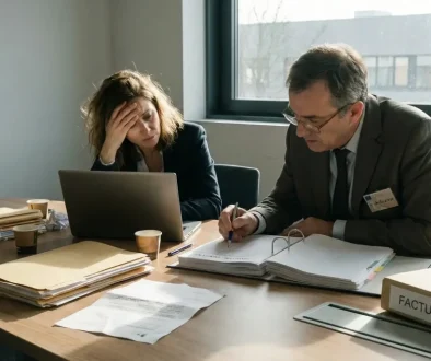 Dirigeante d'entreprise lors d'un contrôle fiscal face à un vérificateur de la DGFiP, accompagnée par un avocat fiscaliste à Bordeaux