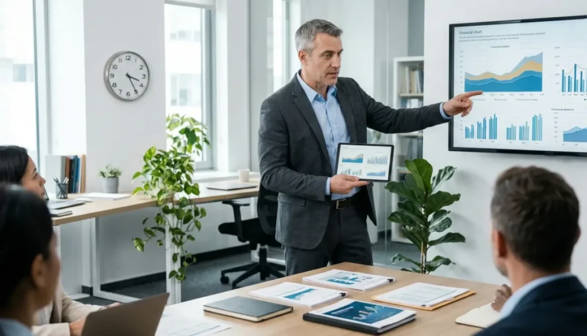 Dirigeant présentant des données financières à son équipe lors d'une réunion de préparation à un contrôle fiscal