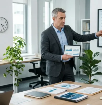 Dirigeant présentant des données financières à son équipe lors d'une réunion de préparation à un contrôle fiscal