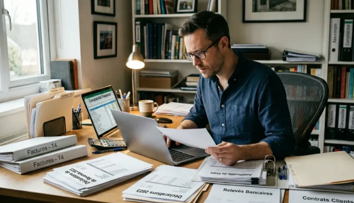 Micro-entrepreneur face à un contrôle fiscal, entouré de documents comptables