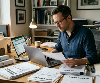 Micro-entrepreneur face à un contrôle fiscal, entouré de documents comptables